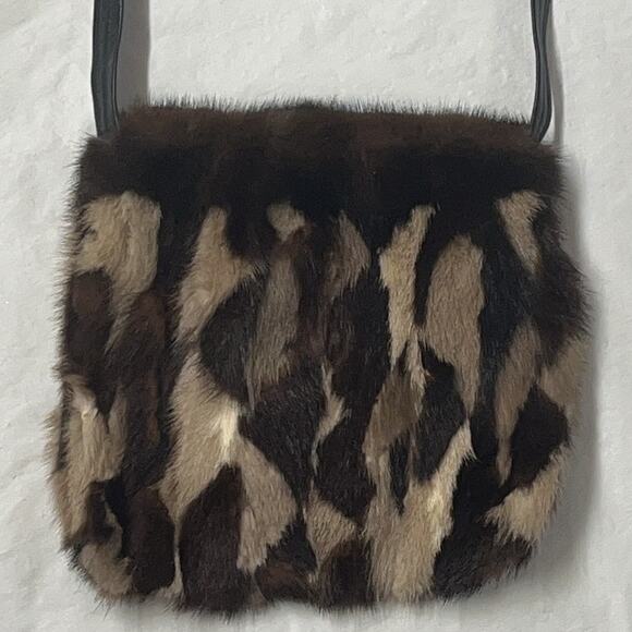 Vintage Fur Cross Body Shoulder Bag/Purse Brown/Beige Fur Black Leather Strap - Picture 1 of 12